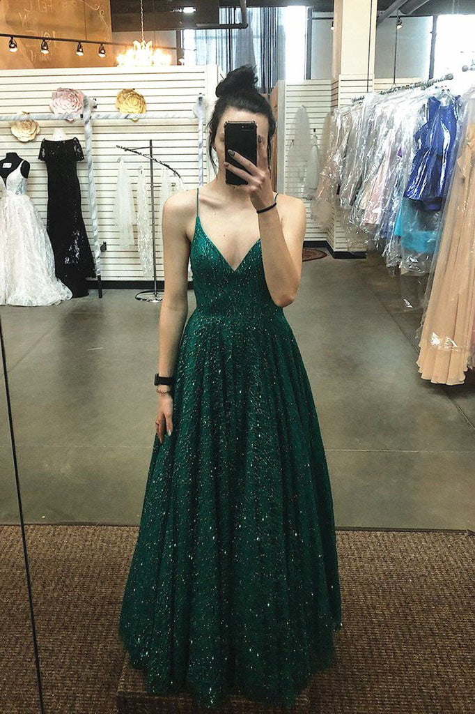 Shiny A Line V Neck Emerald Green Prom Dresses, Formal Graduation Evening Dresses DMP007