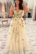 A-line V Neck Long Tulle Prom Dresses Spaghetti Straps Floral Appliques Formal Gown DMP077