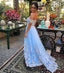 Light Blue Tulle Off The Shoulder Evening Gowns A Line Lace Appliques Prom Dress DM632