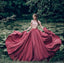 Charming Red Short Sleeves Lace Scoop A Line Two Pieces Long Formal Prom Dress DM487