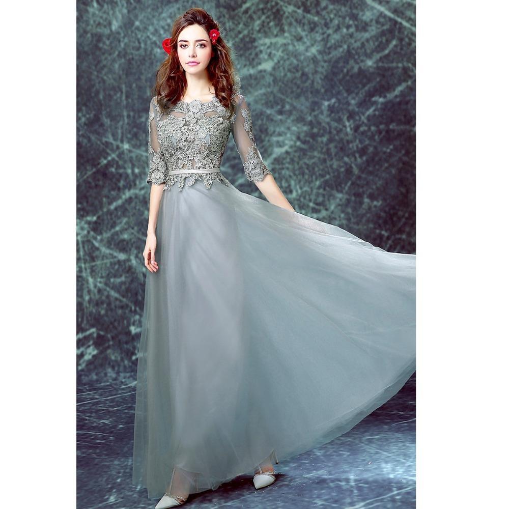 Grey Floor-length Half Sleeve Tulle Long Prom Dress,A line Evening Dress DM882