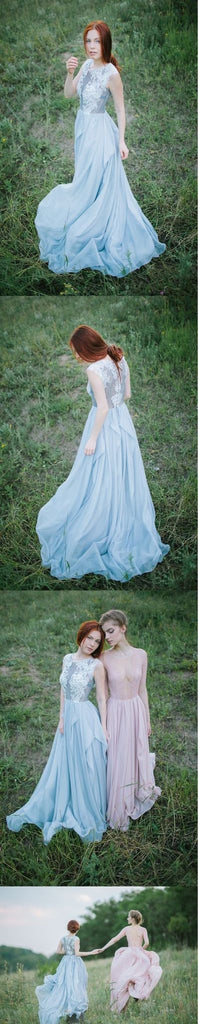 Long Light Blue Chiffon Scoop A-line Floor-length Appliques Prom Dress DM736