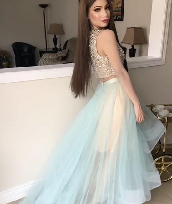 Bateau Prom Dresses With Rhinestone,High-low Short Two Piece Beading Homecoming Dresses DM509