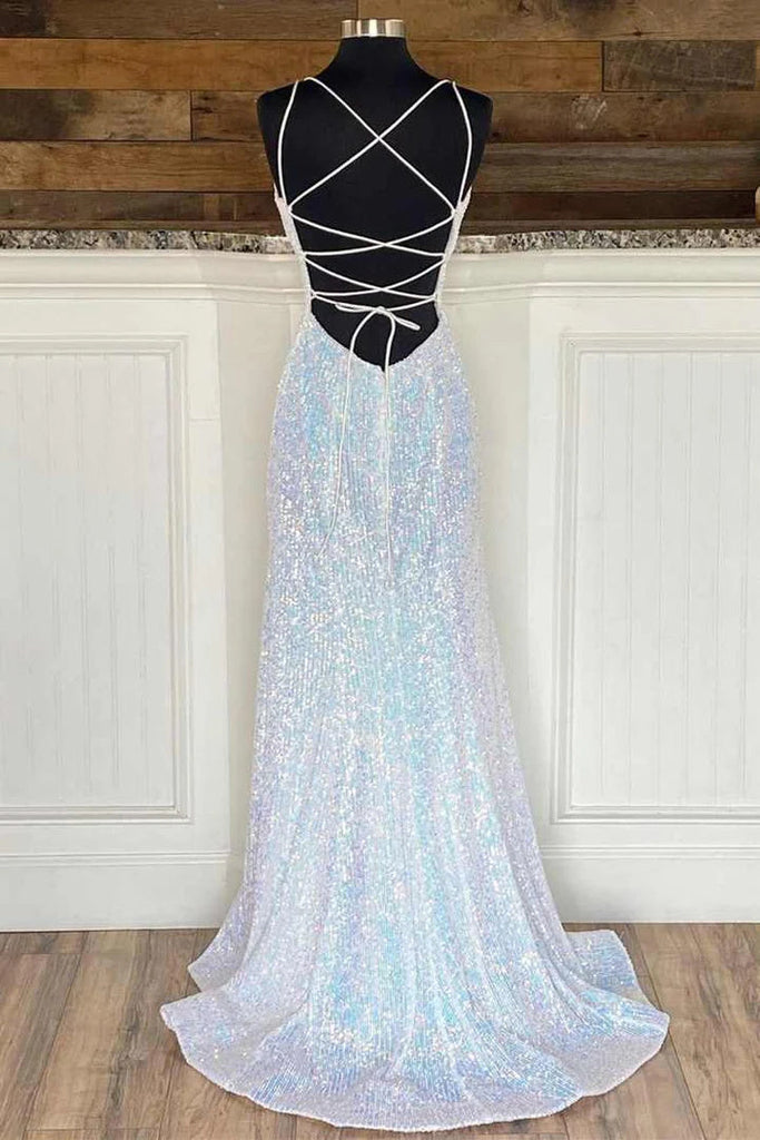 Silver Sequin V-Neck Empire Mermaid Long Prom Dress Evening Dresses DM2027