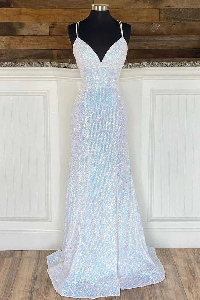 Silver Sequin V-Neck Empire Mermaid Long Prom Dress Evening Dresses DM2027