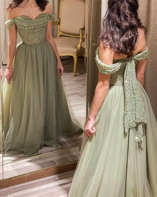 Sparkly Beaded Off The Shoulder Tulle Prom Dress Green Evening Dresses DMP249