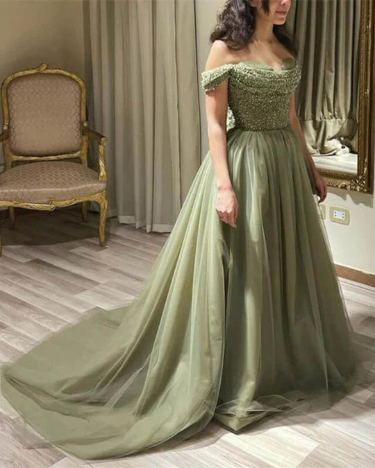 Sparkly Beaded Off The Shoulder Tulle Prom Dress Green Evening Dresses DMP249