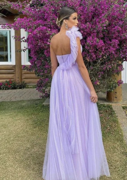 A-line Tulle Purple Long Prom Dress , Unique Formal Party Dress DMP232