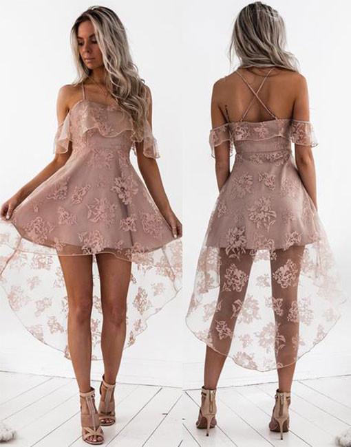 High Fashion A-Line Lace Off-Shoulder High Low Short Homecoming Dress DM456