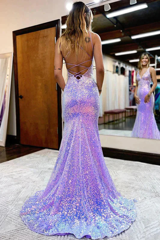 Lavender V Neck Mermaid Prom Dress, Sparkly Sequins Long Evening Gown DMP228