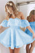 Short A Line Sweetheart Ruffles Prom Dresses,Off Shoulder Cute Lace Blue Homecoming Dress DM491