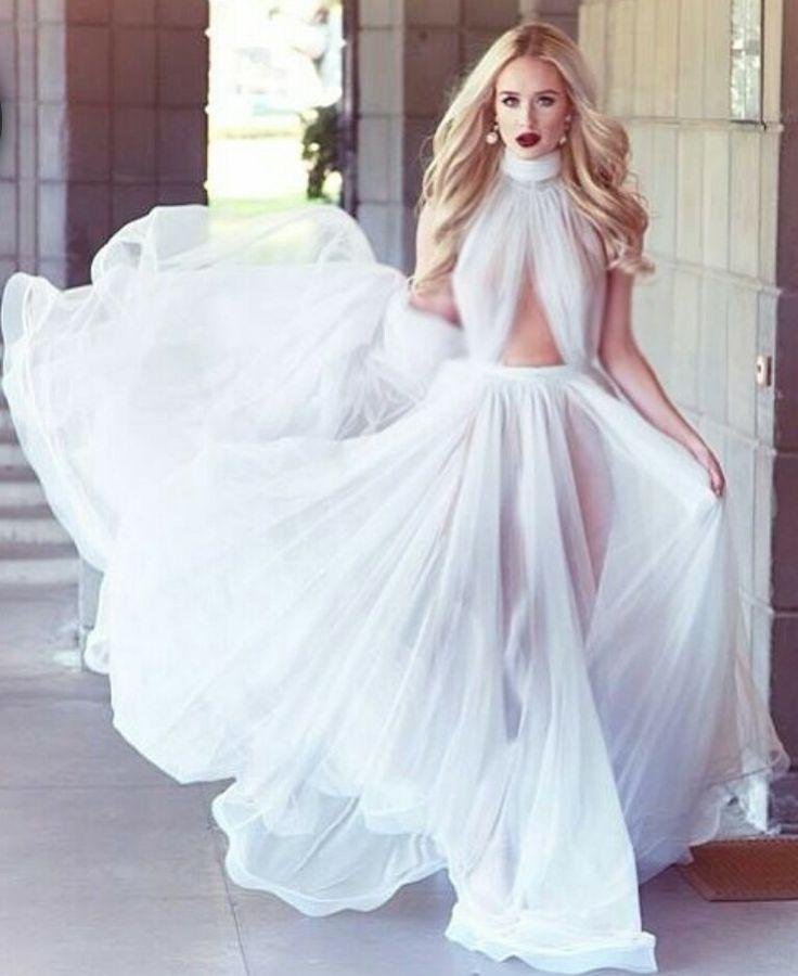 beautiful A-line Cheap Long Sexy Simple Ivory High Neck Tulle Prom Dress DM759