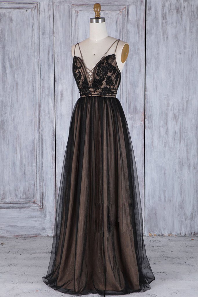 Chic Black Long Straps Tulle A Line Prom Dress,Evening Dresses DM879