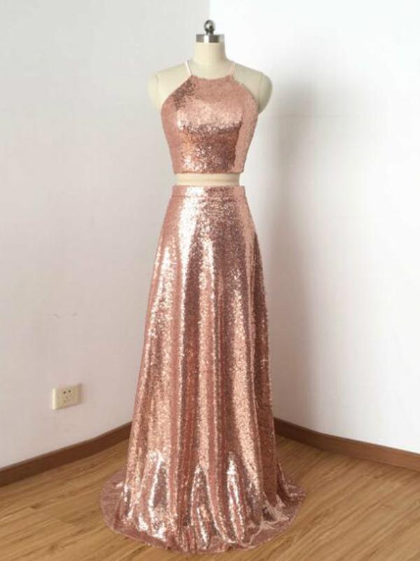 New Arrival Two Piece Sequined Cheap Long A Line  Prom Dress DMA16