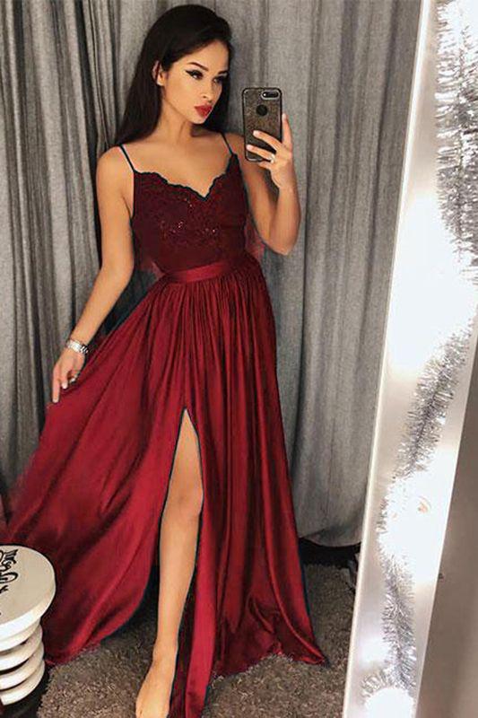 Dark Green Spaghetti Straps Split Lace Long Prom Dress DM949