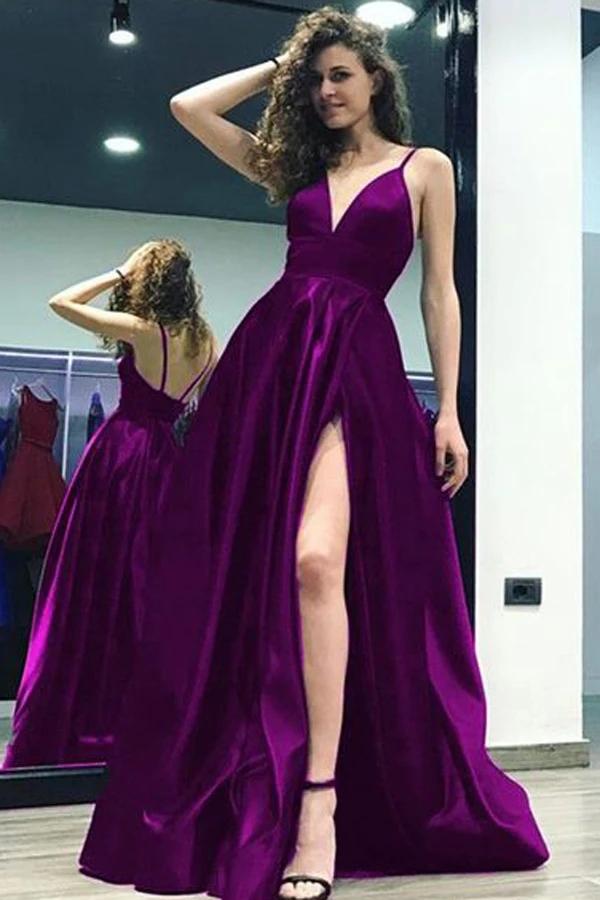 Spaghetti Straps Grape Deep V Neck Prom Dress, Simple Evening Dress with Slit  DM1045