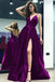 Spaghetti Straps Grape Deep V Neck Prom Dress, Simple Evening Dress with Slit  DM1045