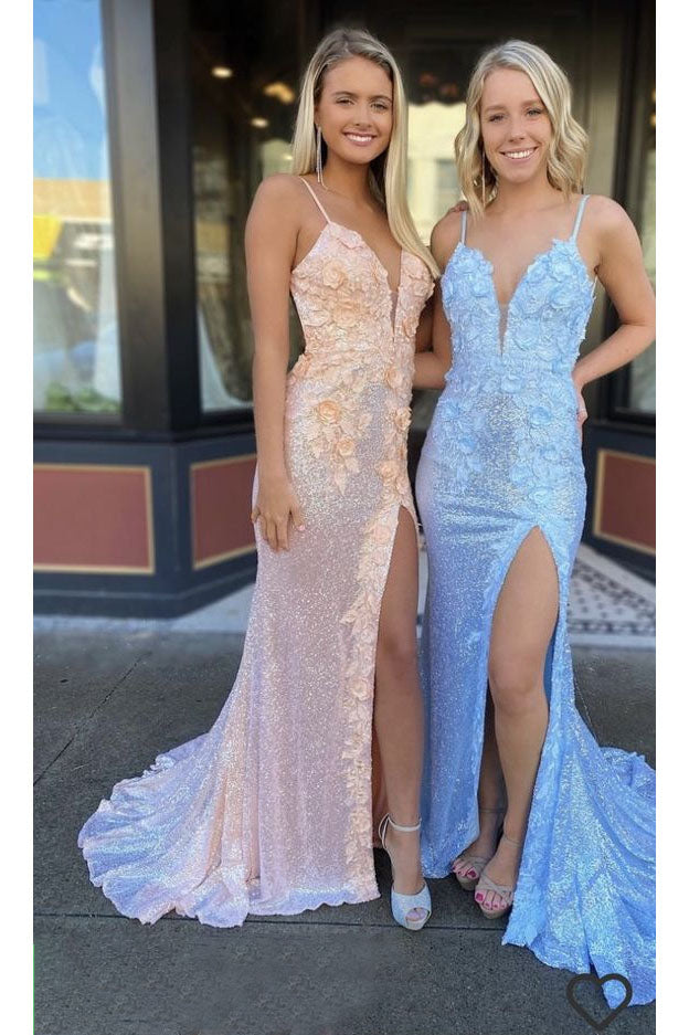 Elegant Mermaid Sequin V Neck Long Prom Dresses Formal Evening Dresses DM1942