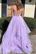 Shiny V Neck Fluffy Lavender Long Prom Dress, Spaghetti Straps Long Formal Evening Dress  DM1060