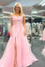 A-Line Pink Lace Appliques Long Prom Dresses With Slit Formal Evening Dresses DMP235