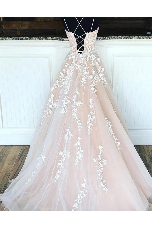 A Line Spaghetti Straps Floor Length Prom Dress with Appliques, Long Evening Dress DMP038