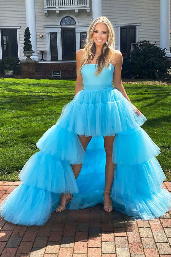 Blue A Line Tulle Long High Low Prom Dress Formal Evening Dress DM2012