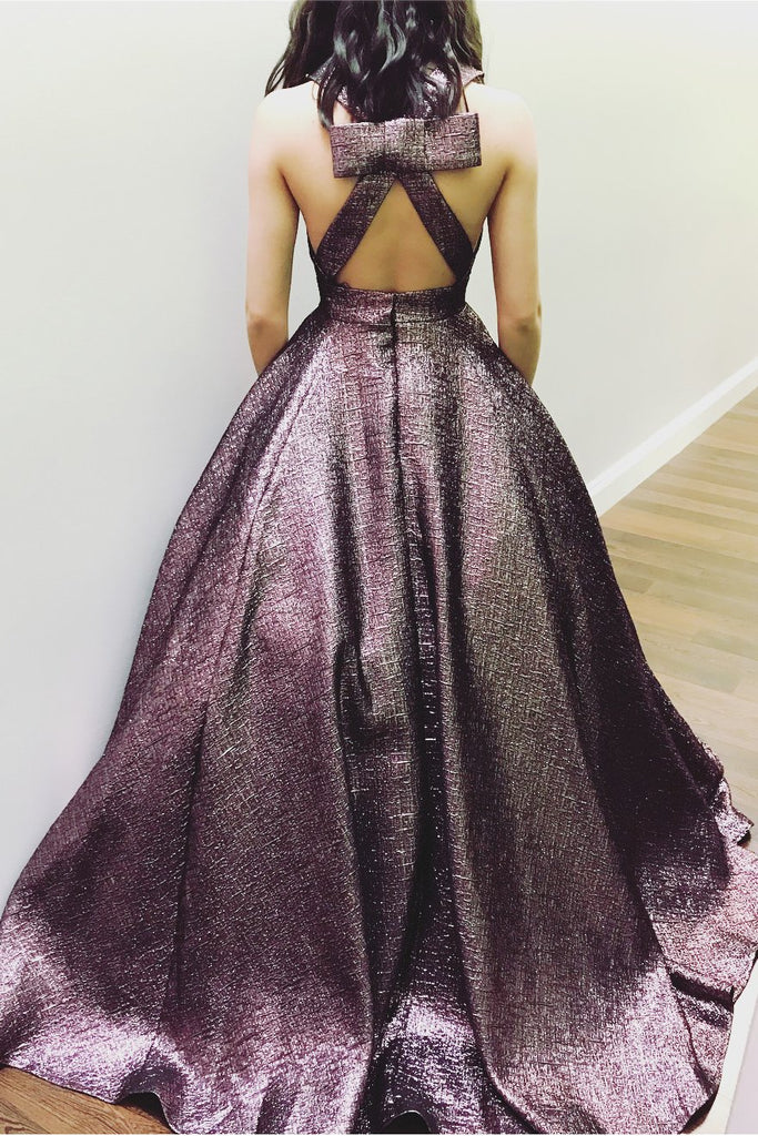 Elegant V Neck A Line Chocolate Long Prom Dress Ball Gown With Pockets DM948