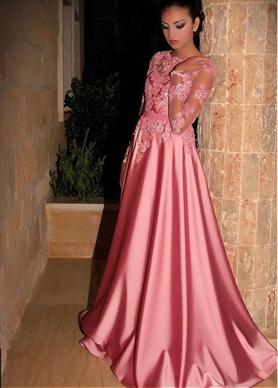 Gorgeous Satin Jewel A-Line Long Sleeves Pink Prom Dresses With Lace Appliques DM914