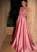 Gorgeous Satin Jewel A-Line Long Sleeves Pink Prom Dresses With Lace Appliques DM914