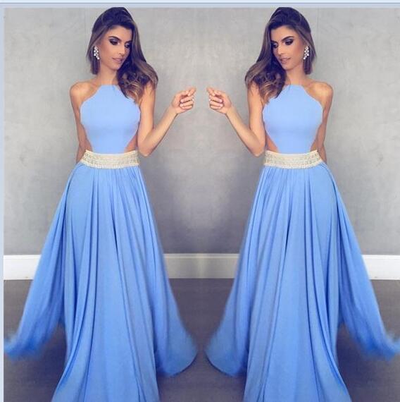 Unique Blue Chiffon Long A Line Beaded Prom Dresses DM832