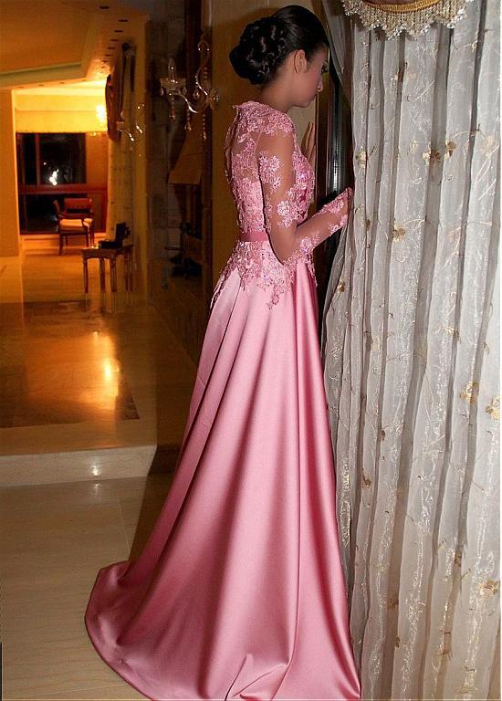 Gorgeous Satin Jewel A-Line Long Sleeves Pink Prom Dresses With Lace Appliques DM914