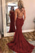 Burgundy Spaghetti Strap Mermaid Stunning Prom Dresses with Lace Appliques DMJ3