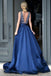 Elegant Deep V-neck Royal Blue Rhinestone A-line Long Cheap Prom Dresses DM586