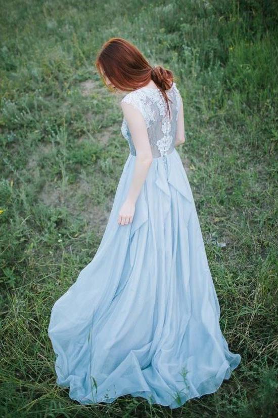 Long Light Blue Chiffon Scoop A-line Floor-length Appliques Prom Dress DM736