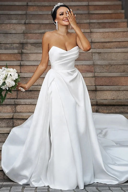 A Line Strapless Long Sleeves Satin Elegant Wedding Dress QW2425 – SQOSA