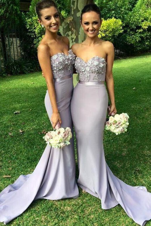 Elegant Bridesmaid Dresses,Long Bridesmaid Dress,Mermaid Bridesmaid Dress,Light Grey Bridesmaid Dresses,Sweetheart Prom Dresses,Appliques Prom Gown,Beaded Evening Dresses