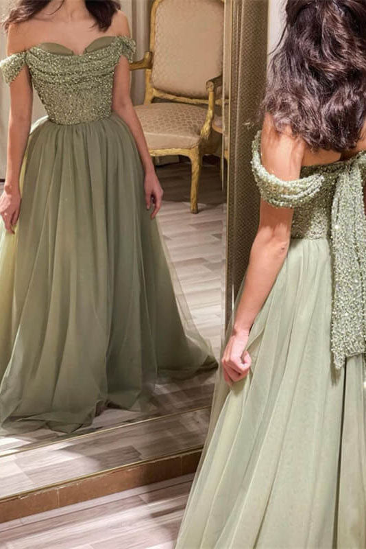 Sparkly Beaded Off The Shoulder Tulle Prom Dress Green Evening Dresses DMP249