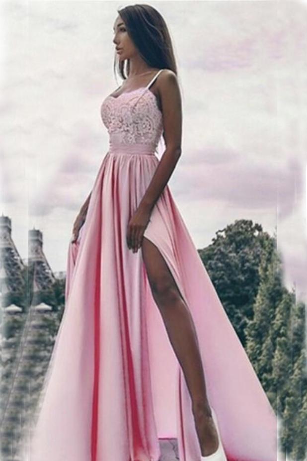 Fashion Pink Split A Line Straps Appliques Occasion Prom Dress DM742