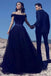 Navy Blue Prom Dresses,Off Shoulder Prom Gown,Beaded Prom Dress,A Line Prom Dresses