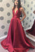 Elegant Burgundy Satin V-neck Long Prom Dress With Pocket DM910