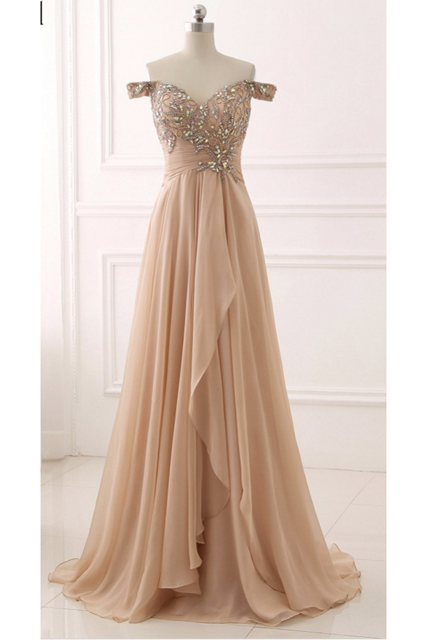 Chiffon Prom Dress,Off Shoulder Prom Dresses,Beaded Evening Dress,Pleated Prom Dresses,A Line Prom Gown,Champagne Prom Dresses