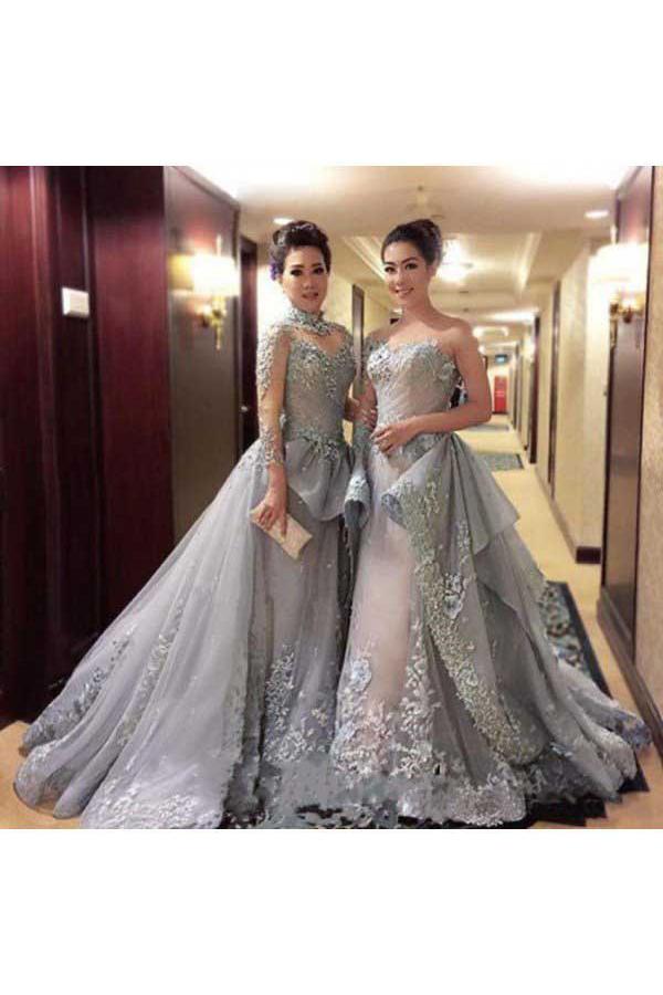 Ball Gown Princess Long Sleeves Tulle Gray Long Formal Prom Dress DM815