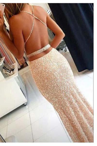 Long Spaghetii Straps Sheath Sequin Criss Cross Long Prom Dresses DM620