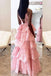 A-Line Deep V-Neck Backless Pink Lace Layered Prom Dress DM751