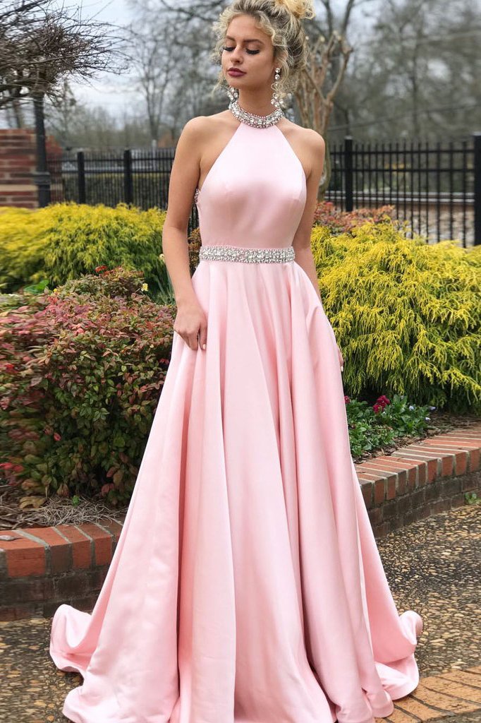 Fashion Prom Dresses,Pink Prom Gown,High Neck Prom Dress,Sexy Back Prom Dress,Cheap Prom   Dress