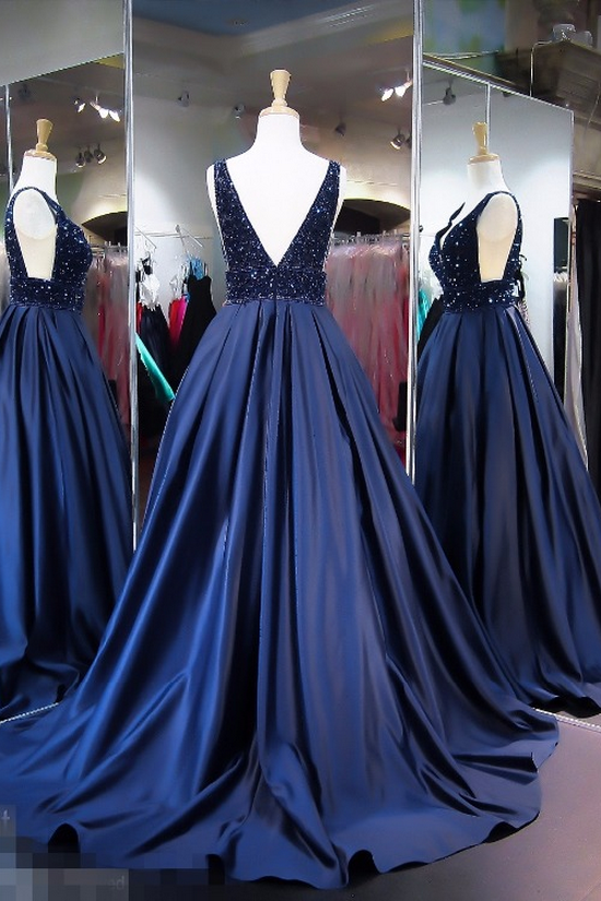 Unique Royal Blue A Line V Neck Sleeveless Long Prom Dress DM601