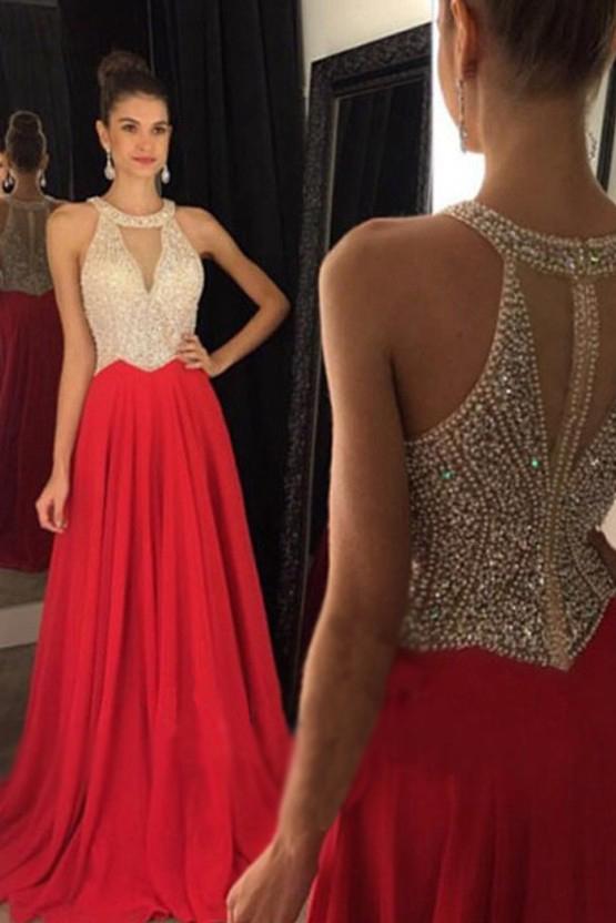 Hot Sales Champagne Tulle Red Skirt Prom Dresses,High Neck Heavy Beads Bodice Long Prom Dress,Deep V Neck Evening Prom Gowns,Fashion Women Dresses,Custom Made Evening Dresses,Mother of the Bridal Dress