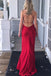 Simple Red V-Neck Spaghetti Straps Slit Side Formal Prom Dresses DM960