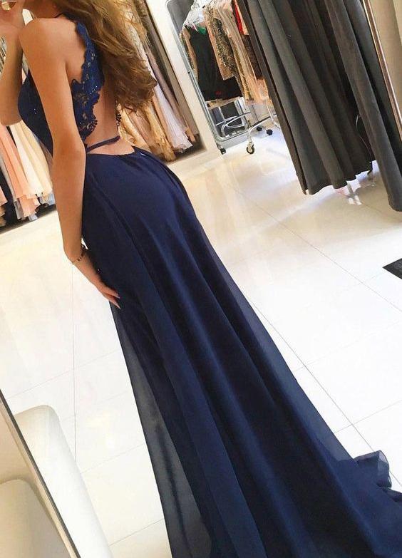 Navy Blue A Line Split Long Chiffon Open Back Prom Dresses DM975