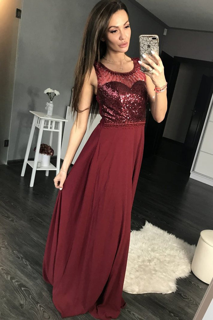 Charming Burgundy Sequins A Line Sleeveless Chiffon Long Prom Dress DM861